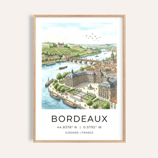 Framed Bordeaux City Art illustration with watercolour of cityscape and river scene