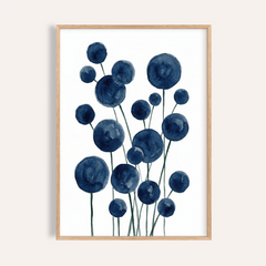 Watercolor flower print with abstract blue blossoms in a natural wooden frame