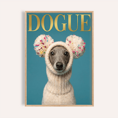 Fashion Dog Poster of a grey dog in a cream knit hat with colourful pom poms on blue background