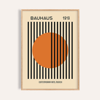 Framed Bauhaus Decor print with orange circle and black stripes on cream background