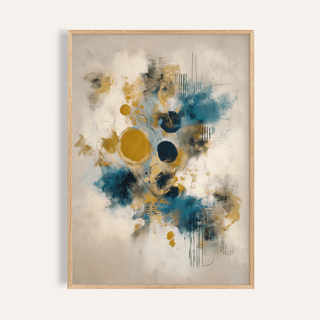 Framed modern art print with abstract blue and gold shapes in a light wooden frame