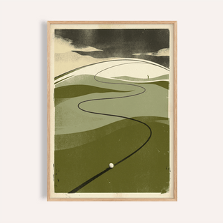 Framed Golf Course Art Print of a golf ball on a winding fairway in muted green and cream tones