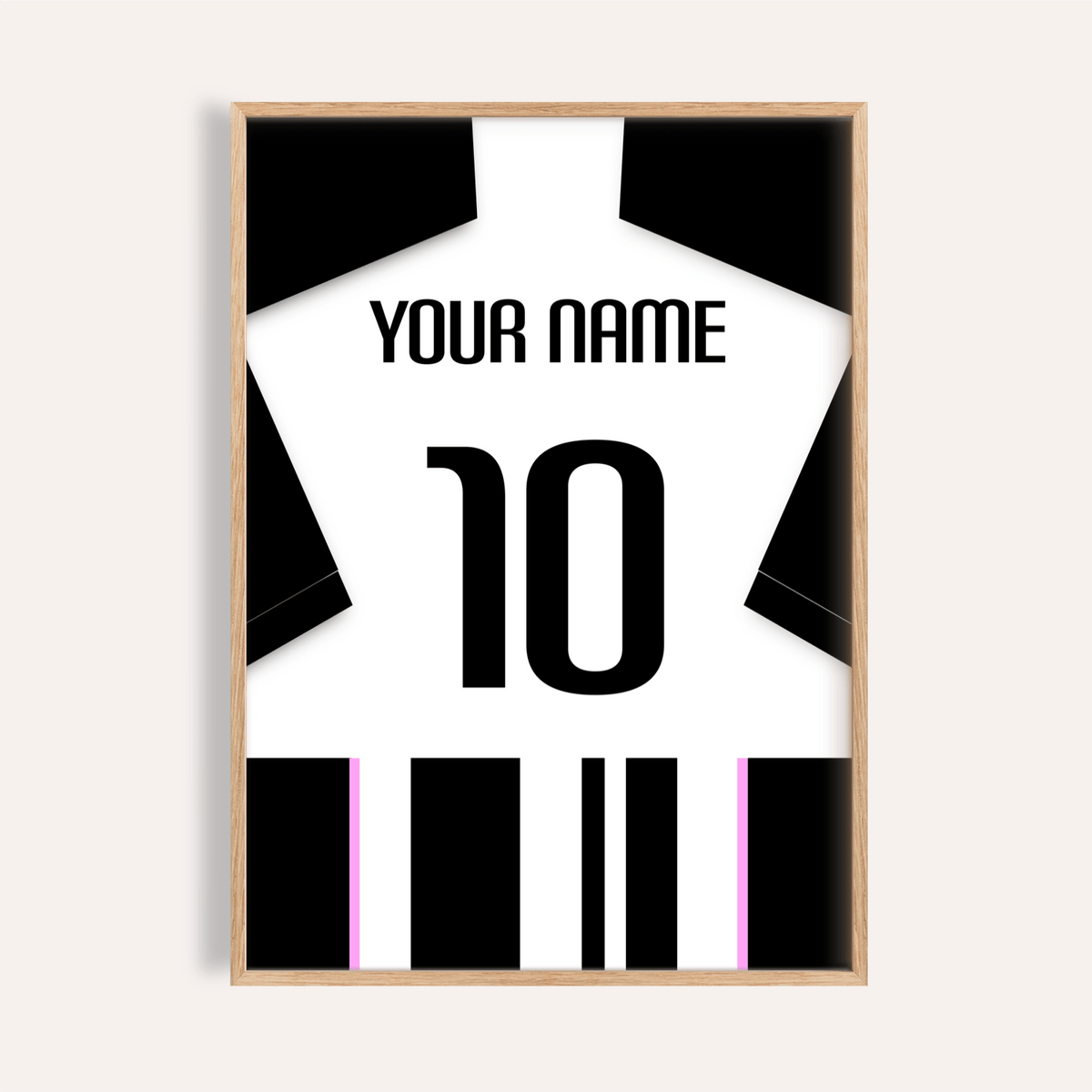 Framed Football Shirt Poster in Black and White Stripes with Pink Accents showing number 10 and your name