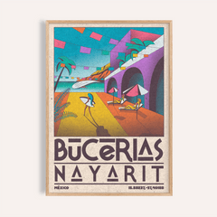 Framed print close-up of Mexico Coastal Wall Art with bright retro beach scene and umbrellas