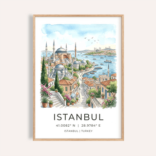Framed close-up of Istanbul wall art featuring the cityscape with blue sky and terracotta roofs