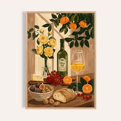 Still Life Kitchen Art framed print of bread, figs, grapes and wine illustration