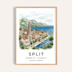 Framed print of Split Dalmatia art print showing harbour and palm trees in watercolour style