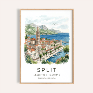 Framed print of Split Dalmatia art print showing harbour and palm trees in watercolour style