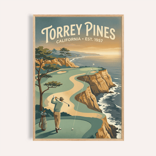Clifftop Golf Wall Art of a golfer at a cliffside course with vintage style and green and blue tones