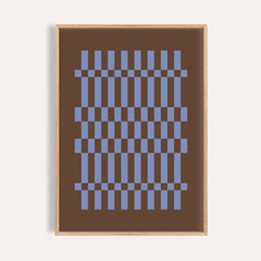 Blue Loom, Bauhaus minimalism art print with periwinkle blue woven bars on chocolate brown