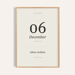 Born This Day Custom personalised print, shown framed in natural wood