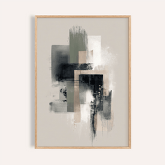 Modern Abstract Poster framed close-up with beige white and black geometric shapes