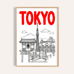 Framed Tokyo City wall art with red text and black line-art landmarks on white background