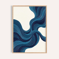 Framed print of flowing blue lines in abstract minimalist style with a cream background