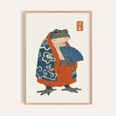 Framed Frog In Kimono Print showing a frog in a blue and orange kimono holding a blue fan