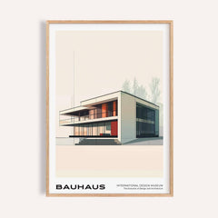 Bauhaus architecture poster of modern home with red accent for living room decor
