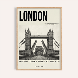 London poster print showing Tower Bridge with raised bascules, bold LONDON header, and road perspective