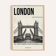Framed Tower Bridge Art Print showing the bridge with black typography on a cream background