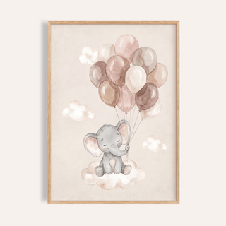 Framed print of a baby elephant holding balloons in soft neutral watercolour tones