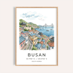 Illustrated Busan coastal hillside poster with bridge and boats