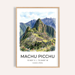 Framed Machu Picchu art print with watercolour illustration of the ruins and mountain peaks