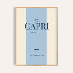 Capri print of The Capri Swim Club, powder blue panel and navy beach umbrella