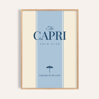 Capri print of The Capri Swim Club, powder blue panel and navy beach umbrella