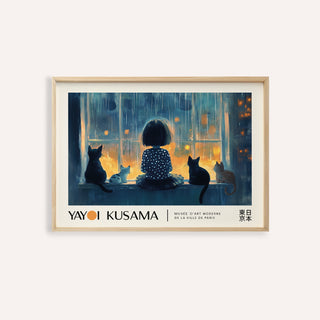 Cat wall decor framed print of girl and four cats by a rainy window in blue and orange tones