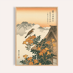 Framed mountain landscape poster with a bird on bright orange trumpet vine and traditional house roof