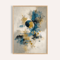 Framed abstract blue gold wall art with circular shapes in cream background