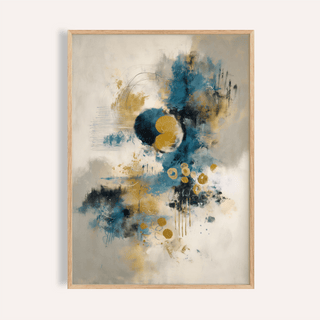 Framed abstract blue gold wall art with circular shapes in cream background