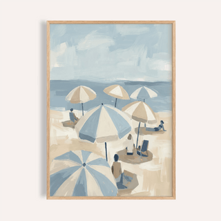 Beach Umbrella Art Print in blue, beige, and white for living room wall art