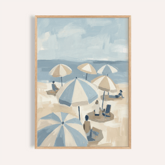 Framed Beach Umbrella Art showing six umbrellas and figures in muted blues and browns