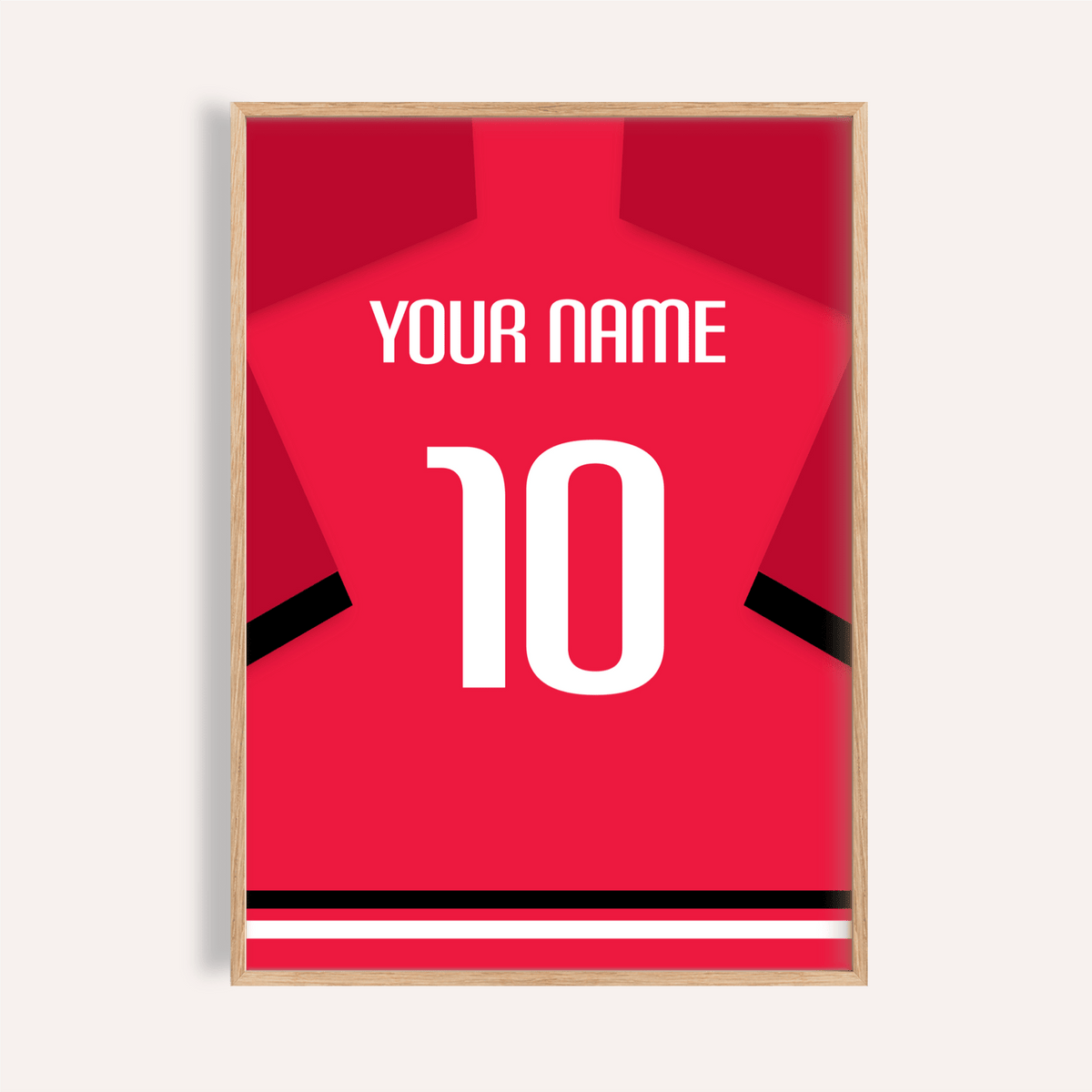 Football Shirt Poster in Red with Black Sleeve Stripe and White Number