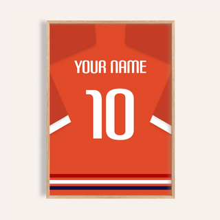 Framed Football Shirt Poster in orange-red with white number and minimalist design