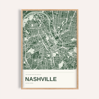 Nashville Colour Map Print — Personalised Wall Art · Natural wood frame example