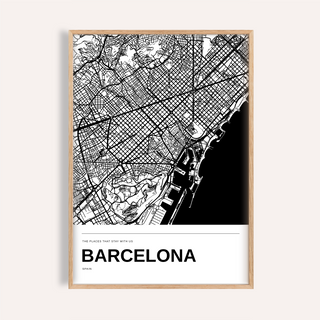 Barcelona Black and White Map Print — Personalised · Natural wood frame example