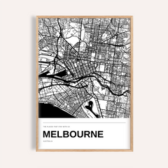 Melbourne Black and White Map Print — Personalised · Natural wood frame example