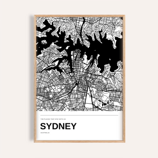 Sydney Black and White Map Print — Personalised · Natural wood frame example