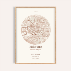 Melbourne Personalised Location Map — Our Place · Natural wood frame example