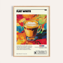 Framed print close-up of coffee shop wall art with a flat white coffee cup illustration in warm colours