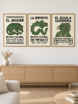 Cultural Art Print Set hung at eye level above a light oak sideboard: Jaguar Spirit, Symbolic Serpent and Aztec Warrior shown framed side by side (frames not included)