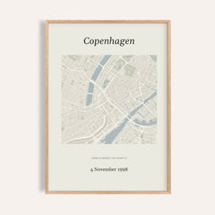 Anniversary Map Print personalised print, shown framed in natural wood