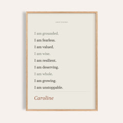 Quote Affirmation Poster personalised print, shown framed in natural wood