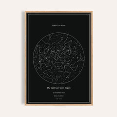 Custom Star Map personalised print, shown framed in natural wood