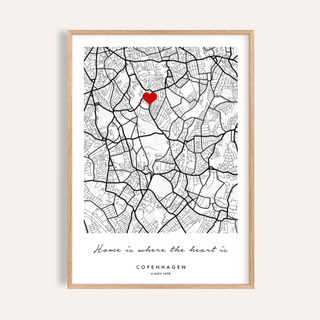 Custom Anniversary Gift print close-up showing a minimalist city map with a red heart and text below