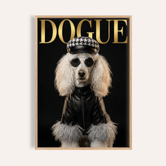 Framed Dog Fashion Print of a poodle in a black leather jacket and patterned cap on a pale wall
