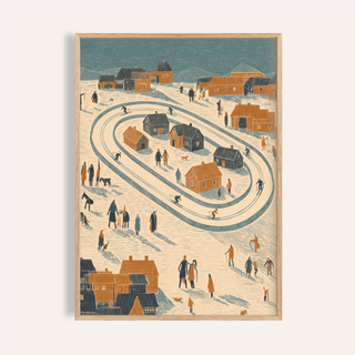 Winter Village Art Print close-up of winter village skating rink in muted blue and brown tones
