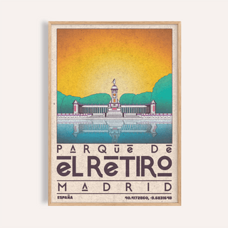 Framed Madrid Landscape Poster with a yellow sky and blue water by a monument
