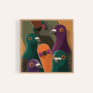 Framed close-up of Urban Animal Art with illustrated pigeons and orange skateboard in muted colours